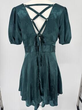 Allison & Kelly Emerald Green Floral Jacquard Mini Dress Lace Up Back L